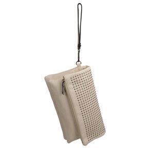 Studded clutch with wristlet and cross body straps